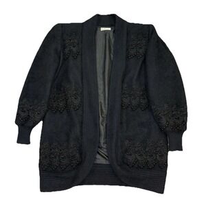 SHINE Angora Wool Blend Cardigan Sweater Jacket Black Lace Beaded